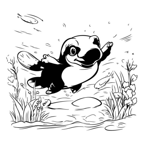 Black and white vector illustration of a frog jumping in a pond.