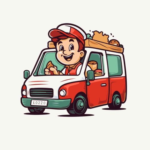 Cartoon delivery man in uniform driving a van. Vector illustrati