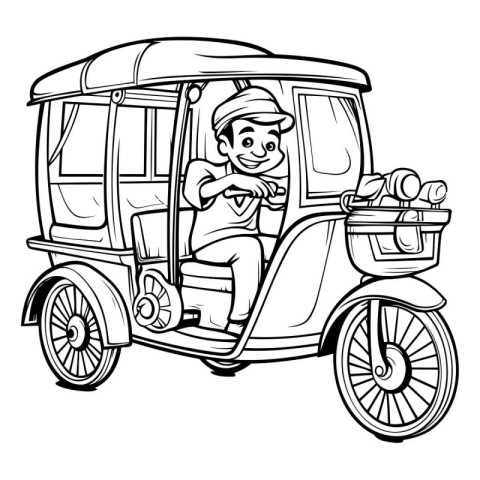 Tuk Tuk - Black and White Cartoon Illustration. Vector