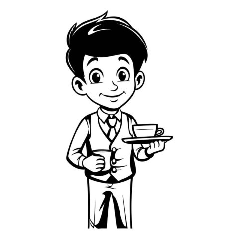 Illustration of a waiter holding a tray with a cup of coffee