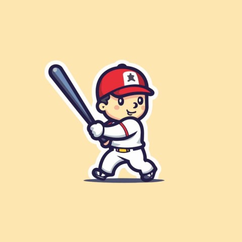 Baseball player with bat. Cute cartoon character. Vector illustr