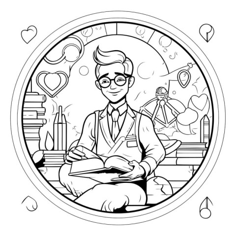 Black and white illustration of a man reading a book in a circle