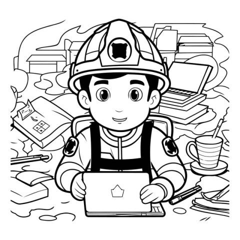 Black and White Cartoon Illustration of Firefighter or Fireman w