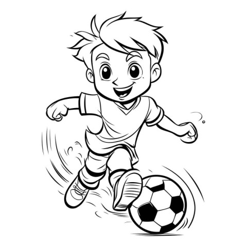 Cartoon soccer player running and kicking the ball. Vector illus