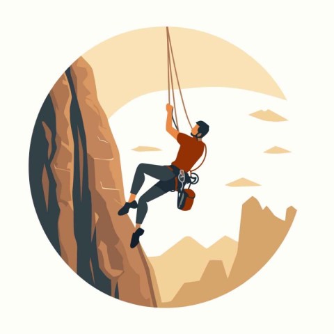 Climbing vector illustration. Rock climber on a rope.