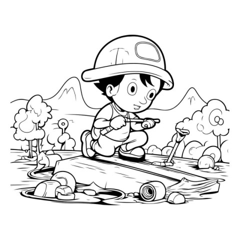 Black and White Cartoon Illustration of Kid Playing Skateboard i