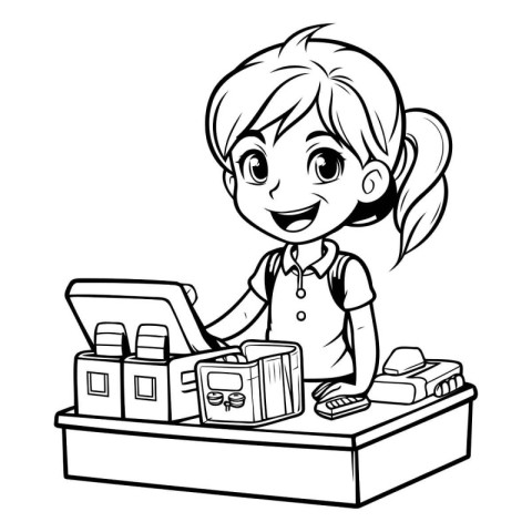 Cute little girl playing at the cash register vector illustratio