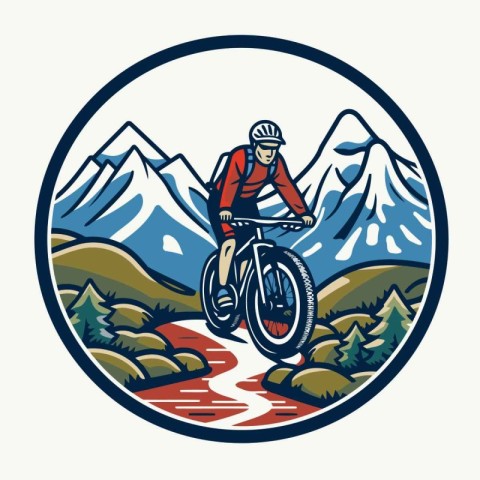 Mountain biker riding on road round icon. Vector illustration.