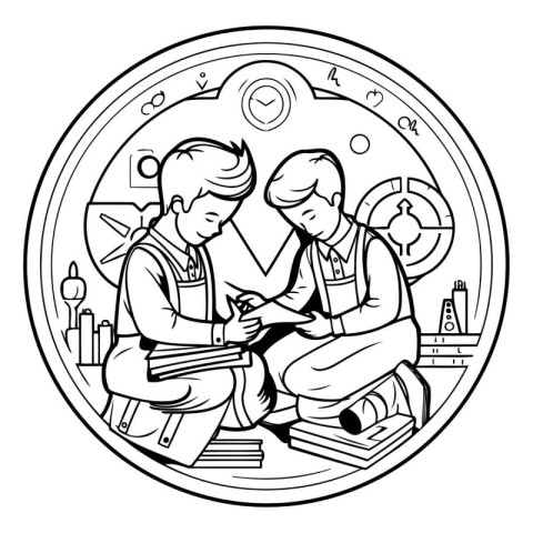 Black and White Cartoon Illustration of Two Engineers Discussing