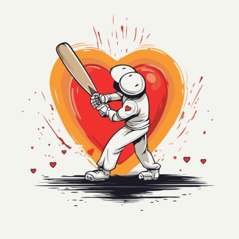 Cricket player with bat and ball on the background of heart