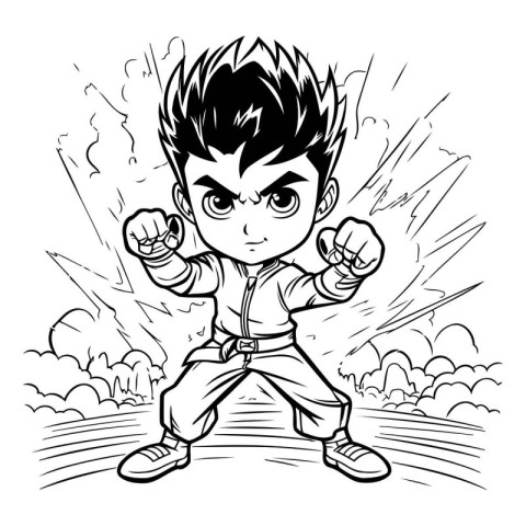 Black and White Cartoon Illustration of Angry Boy in Action or C