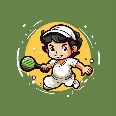 Little boy playing tennis vector illustration. Cartoon sporty bo