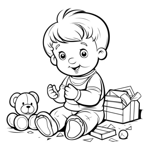 Black and White Cartoon Illustration of Little Boy Playing with