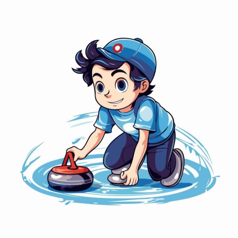 Cartoon boy in blue cap and t-shirt playing with car wheel