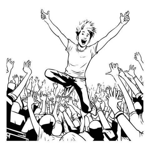 Happy young man jumping in a crowd of people. Vector illustratio