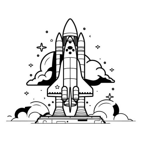 Space rocket in black and white line art style. Vector illustrat