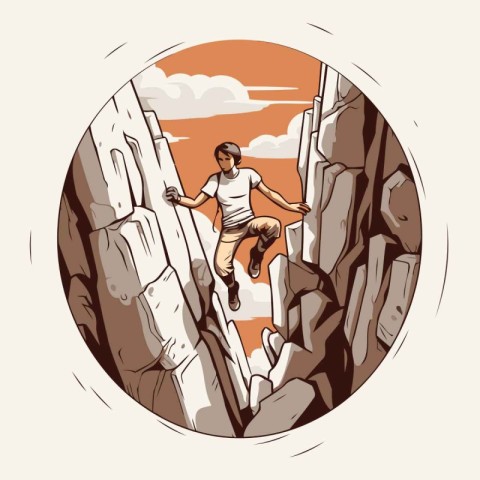 Man climbing on a rocky wall. Vector illustration in retro style