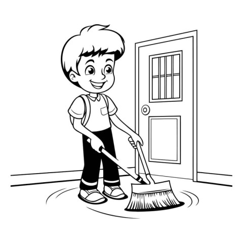 Boy cleaning the house with broom and bucket cartoon vector illu