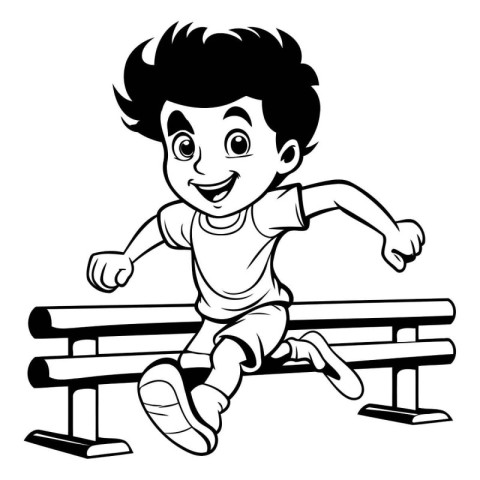 Boy running on bench - Black and White Cartoon Illustration. Vec