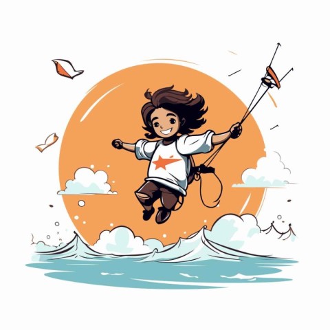 Cute little girl jumping on the surfboard. Vector illustration.