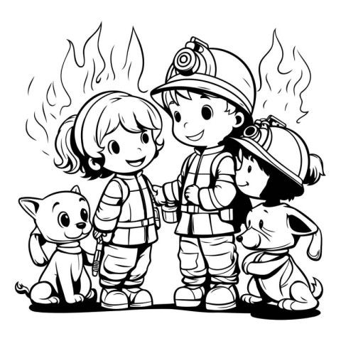 Children with fire fighting equipment. Black and white vector il