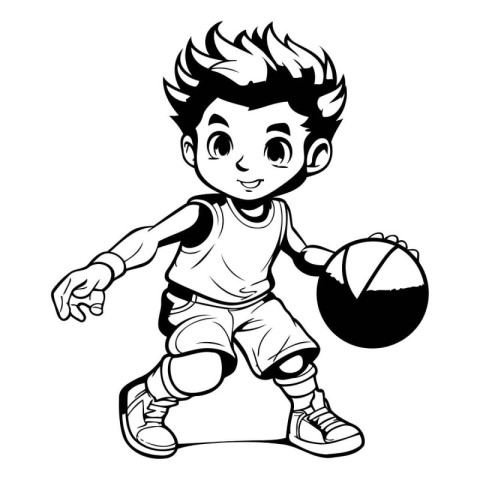 Cartoon boy playing basketball isolated on white background. Vec