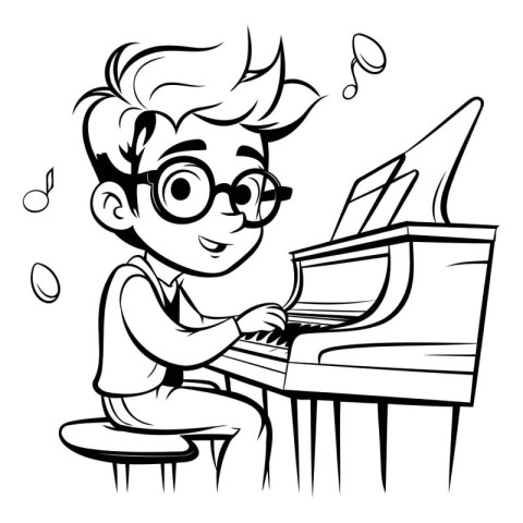 Black and White Cartoon Illustration of Kid Playing the Piano or