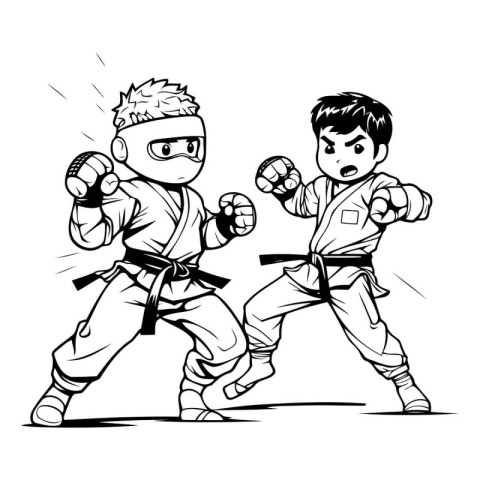 Karate kids. Black and white vector illustration for coloring bo