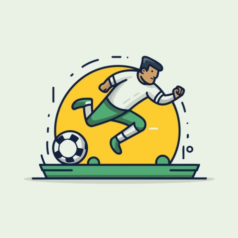 Soccer player kicking the ball. Flat line design vector illustra