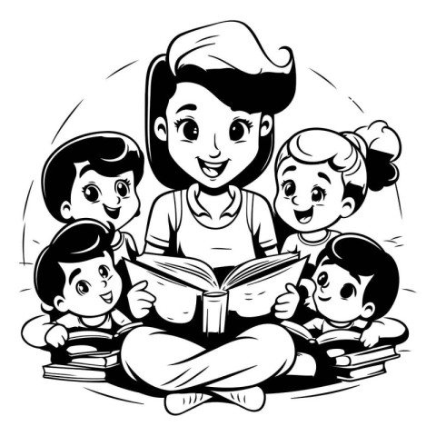 Children reading a book. Black and white vector illustration for