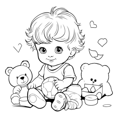 Cute boy playing with teddy bears. Vector illustration for color