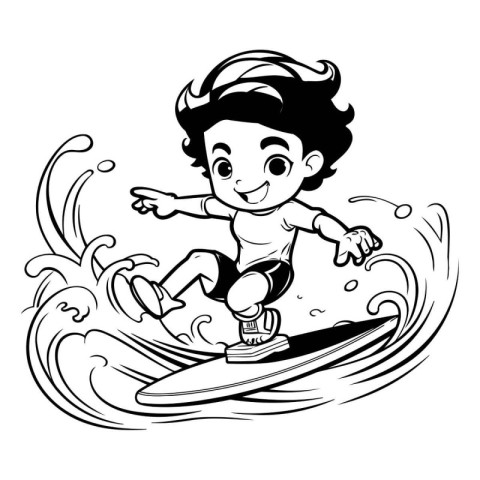 Black and White Cartoon Illustration of a Surfer Boy Riding a Wa