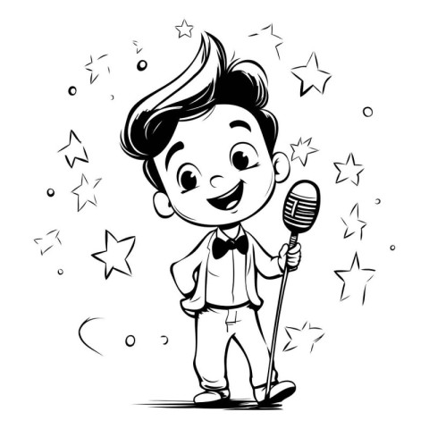 Vector illustration of a cartoon boy singing a song in a microph