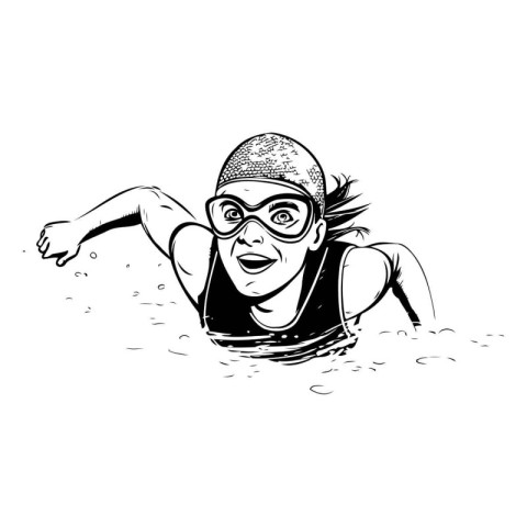 Swimming girl in cap and glasses. Hand drawn vector illustration