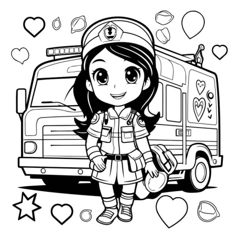 Black and white vector illustration of a little girl in a firefi