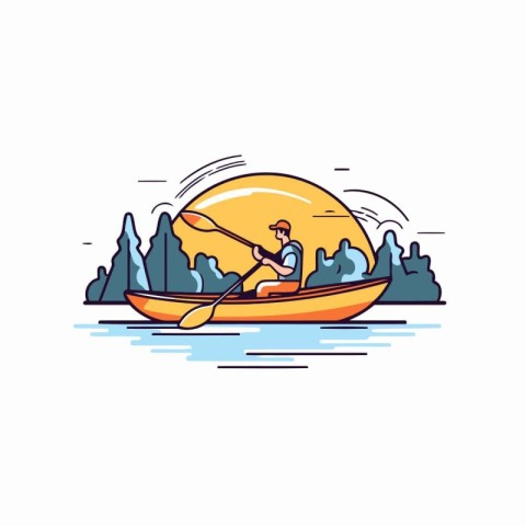 Kayaking in the river. Vector illustration in thin line style.