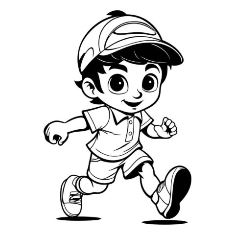 Cute Little Boy Running - Black and White Cartoon Illustration.