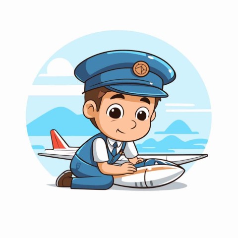 Cute boy pilot with airplane over white background. Vector illus