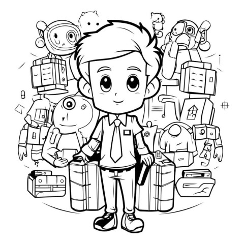 Black and White Cartoon Illustration of a Kid Boy with Suitcases