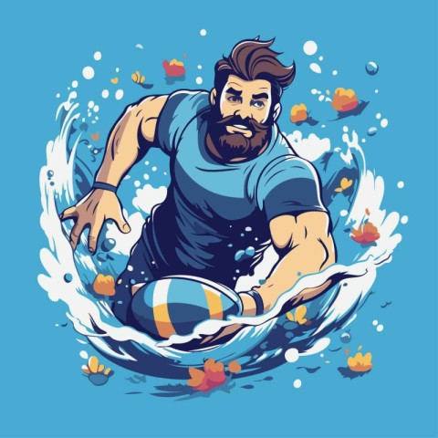 Rugby player with ball on the water. Vector illustration.