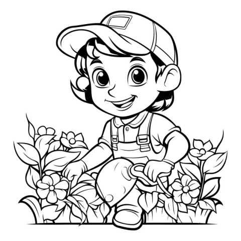 Black and White Cartoon Illustration of Cute Little Boy Gardener