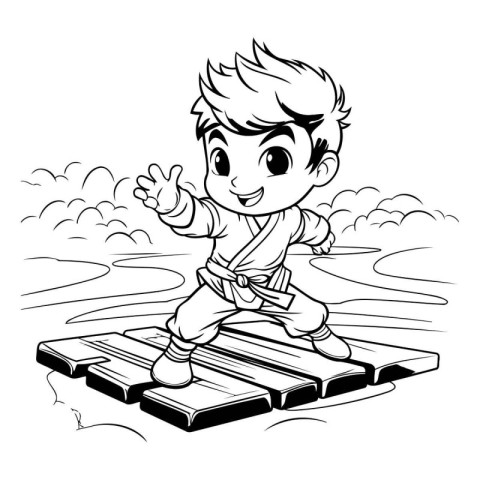 Karate boy running on a wooden platform. Black and white vector