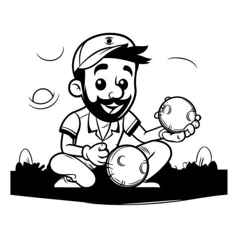 Man playing drum in the park. Black and white vector illustratio