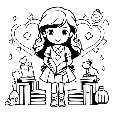 Black and White Cartoon Illustration of Cute Little Schoolgirl o