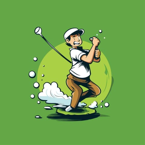 Golfer hit a golf ball on the golf course. Vector illustration