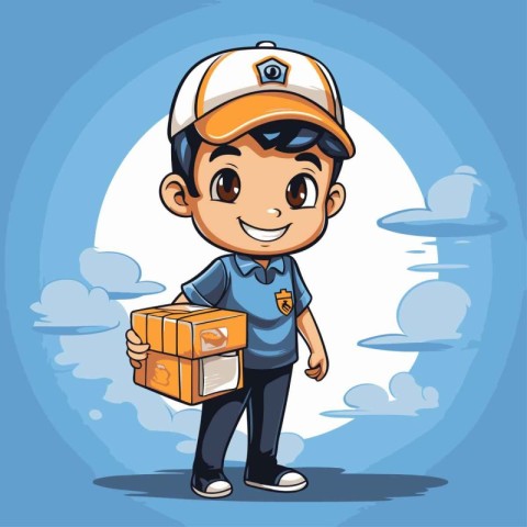 Cute delivery boy holding a box. Vector illustration in cartoon