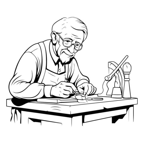 Elderly man working in his workshop. Vector illustration in blac