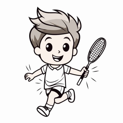 Boy playing badminton - Colored Cartoon Illustration. Vector