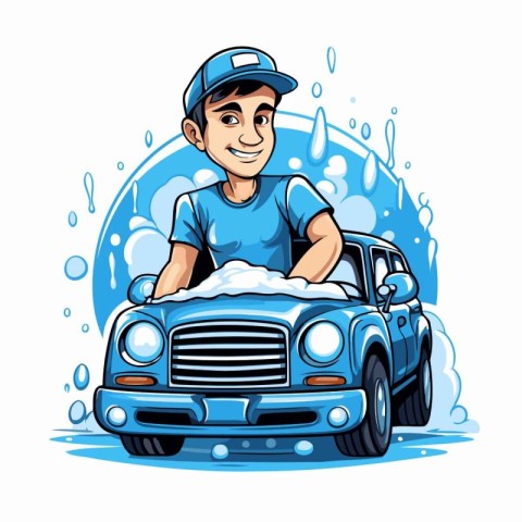 Man washing his car. Vector illustration of a man washing his ca