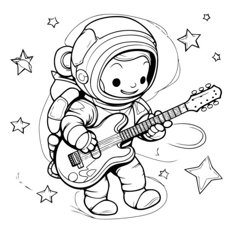 Cute astronaut playing the guitar. Vector illustration. Coloring